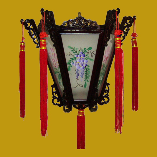 Chinese Palace Wooden Wall Lantern - Painted Flowers on Glass Panels