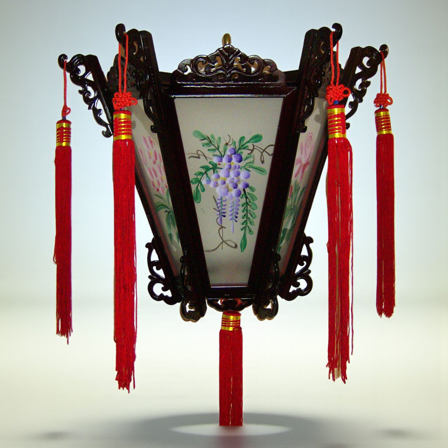 Chinese Palace Wooden Wall Lantern - Painted Flowers on Glass Panels