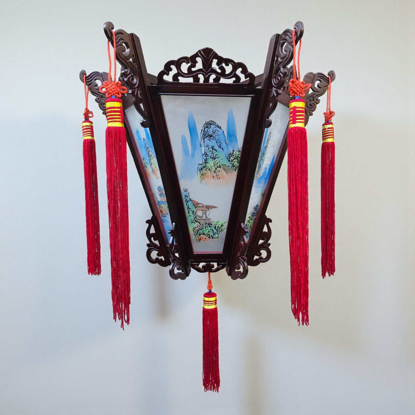 Chinese Palace Wooden Wall Lantern - Painted Landscapes on Glass Panels #1