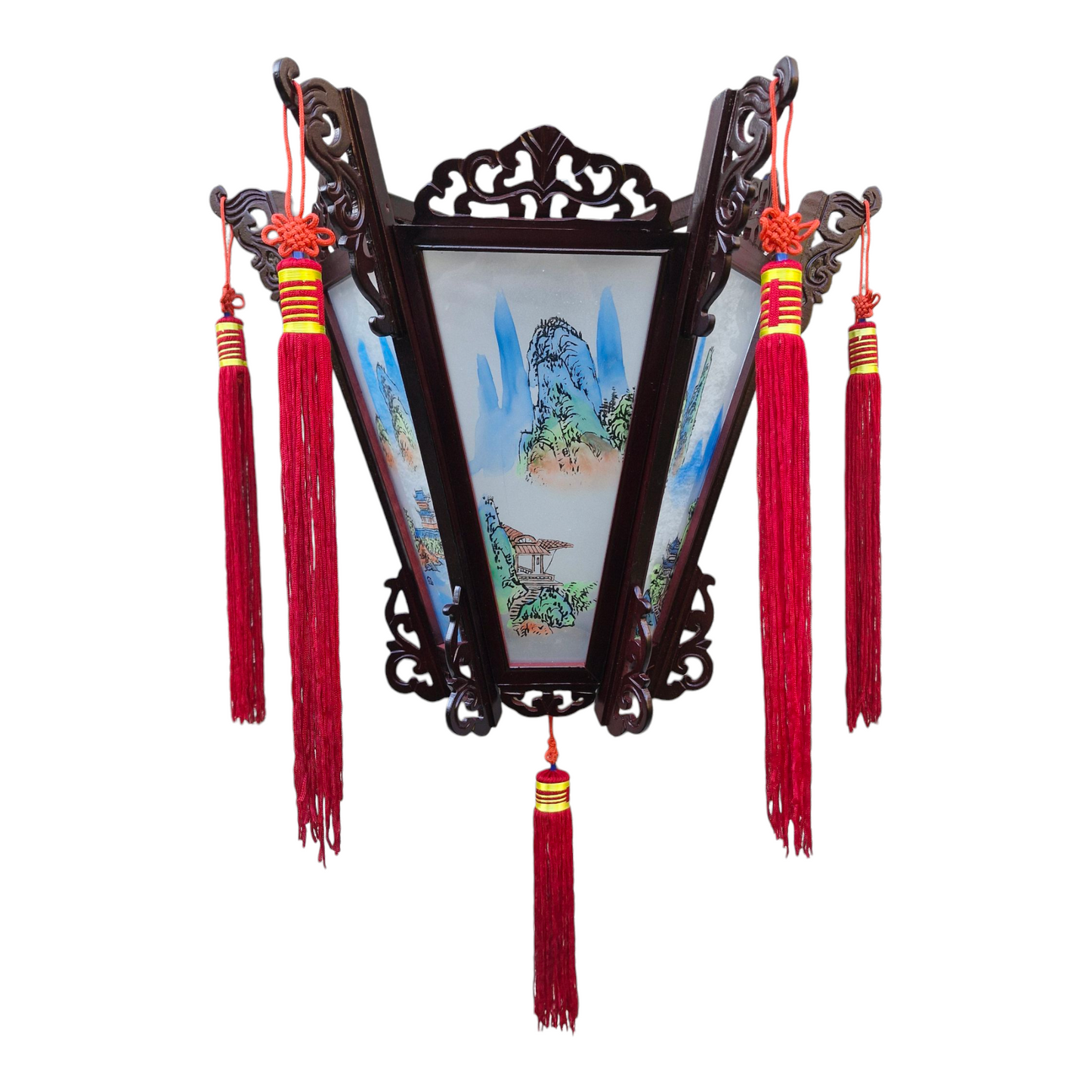 Chinese Palace Wooden Wall Lantern - Painted Landscapes on Glass Panels #1