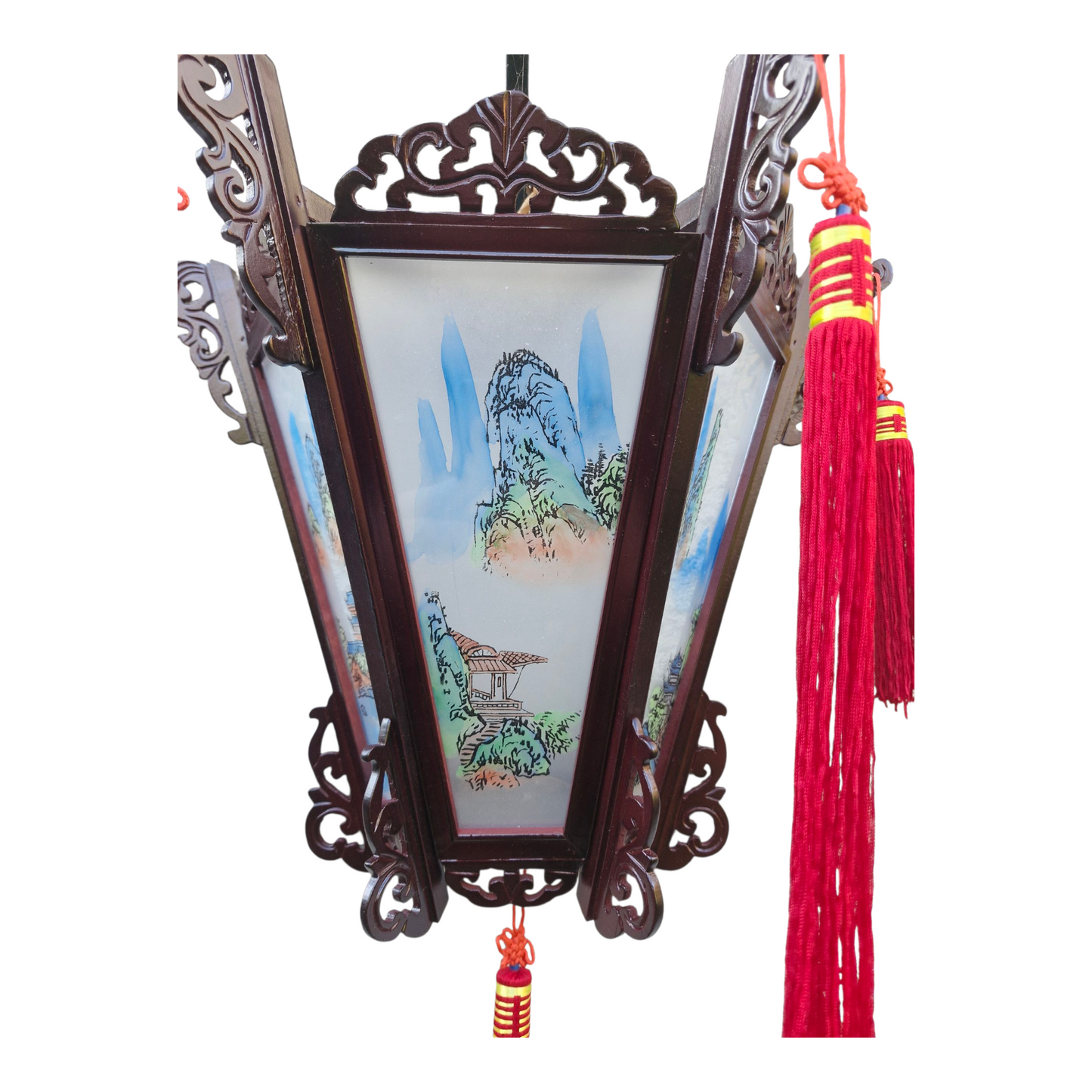Chinese Palace Wooden Wall Lantern - Painted Landscapes on Glass Panels #1
