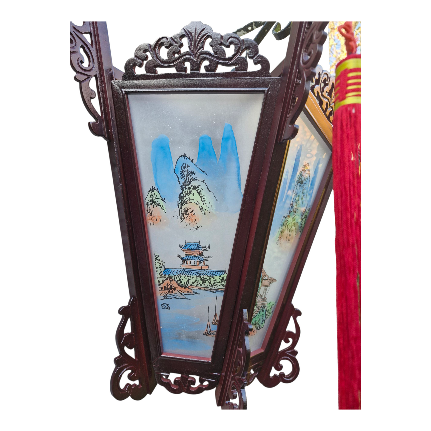 Chinese Palace Wooden Wall Lantern - Painted Landscapes on Glass Panels #1