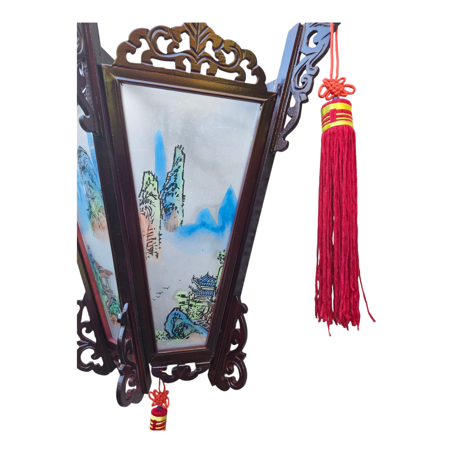 Chinese Palace Wooden Wall Lantern - Painted Landscapes on Glass Panels #1