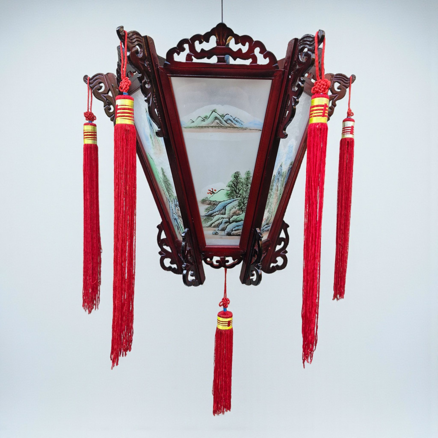 Chinese Palace Wooden Wall Lantern - Painted Landscapes on Glass Panels #2