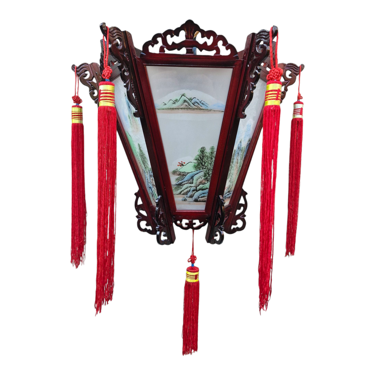 Chinese Palace Wooden Wall Lantern - Painted Landscapes on Glass Panels #2