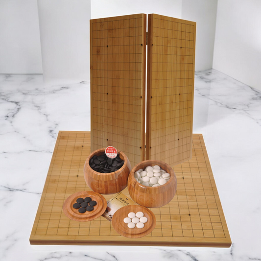 Chinese Go Game Set - Wei Qi Stones - Bamboo Bowls - Folding Bamboo Board