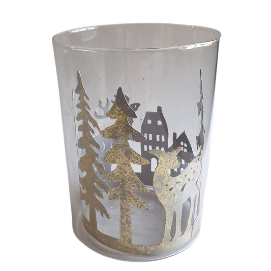 Glass Candle Holder with Forest Design and Reindeer Pattern - 12cm x 9cm