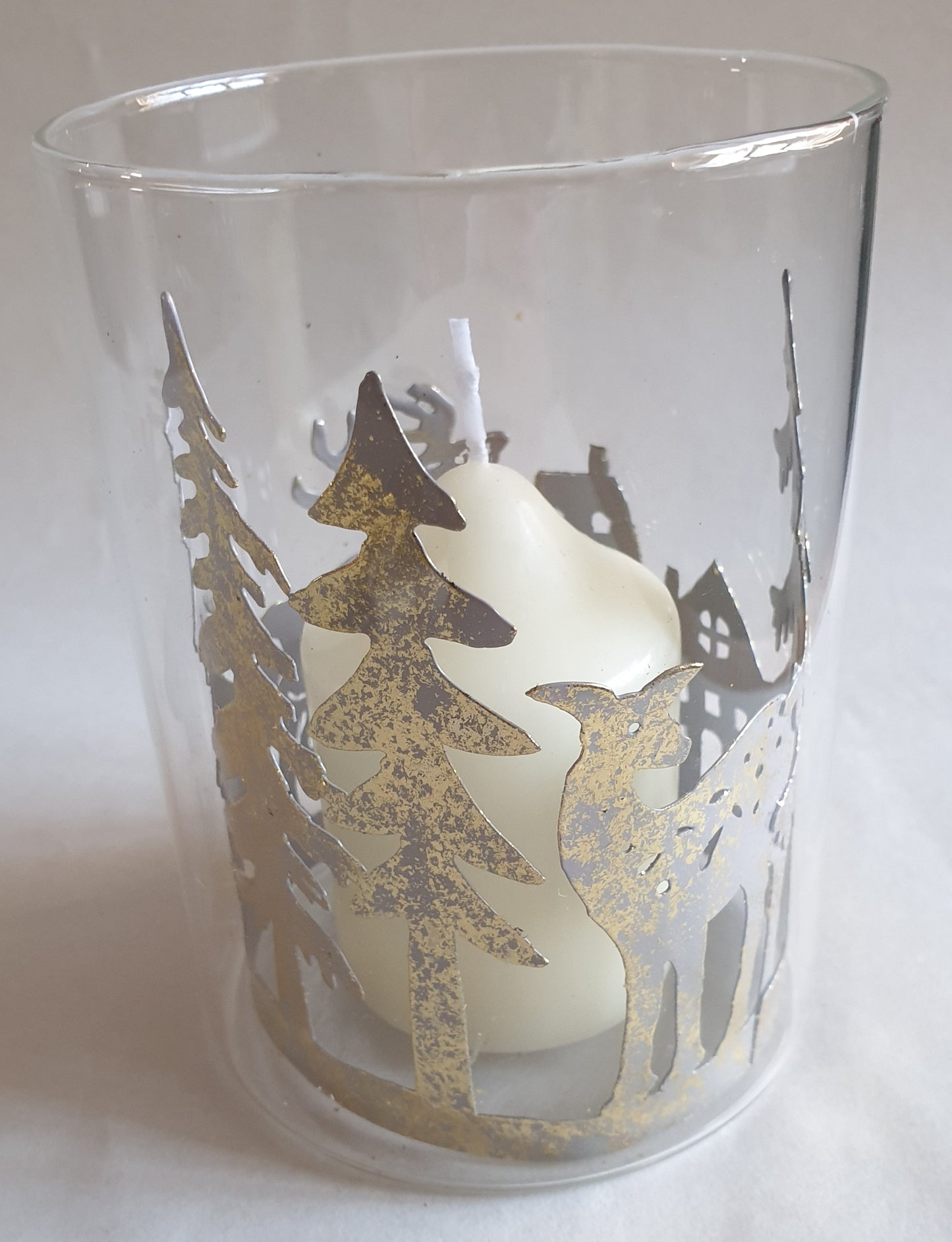 Glass Candle Holder with Forest Design and Reindeer Pattern - 12cm x 9cm