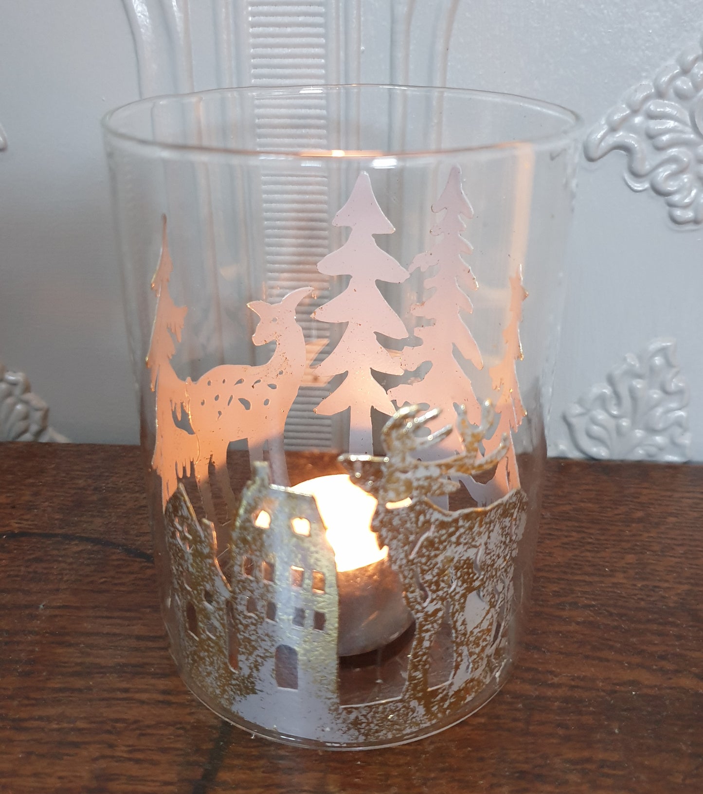 Glass Candle Holder with Forest Design and Reindeer Pattern - 12cm x 9cm