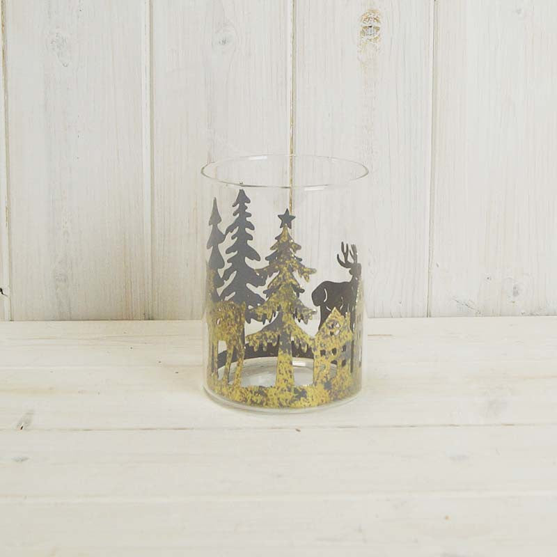 Glass Candle Holder with Forest Design and Reindeer Pattern - 12cm x 9cm