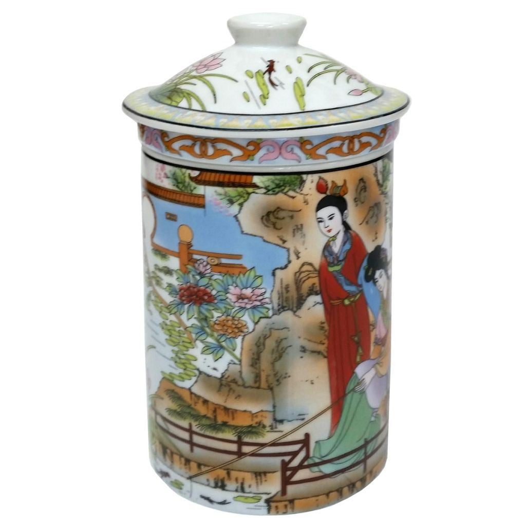 Porcelain Chinese Tea Mug with Infuser and Lid - Bao Yu Pattern.