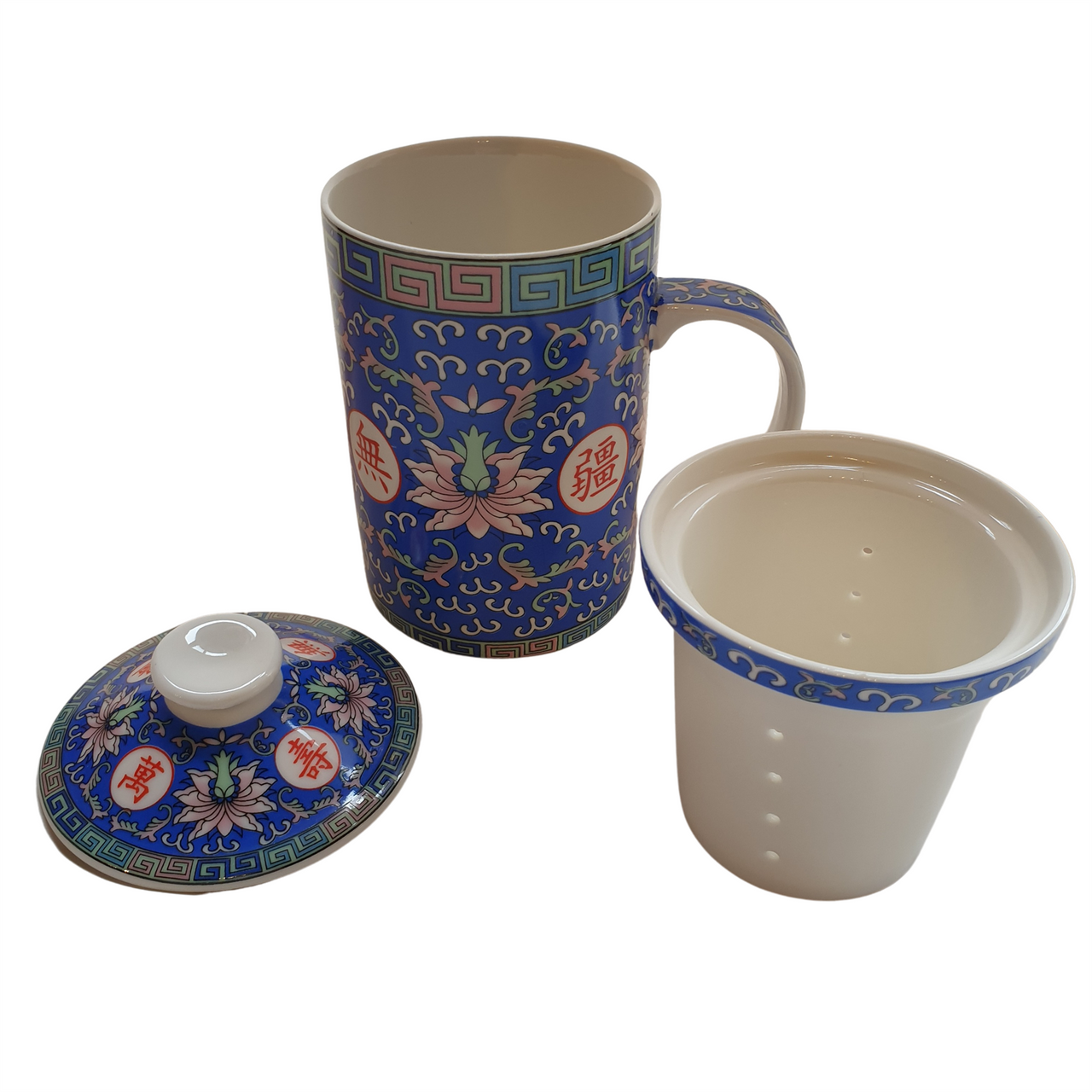 Porcelain Chinese Tea Mug with Infuser and Lid - Blue Longevity Pattern
